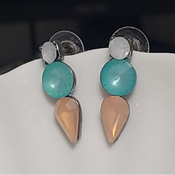 Vintage J Crew Turquoise Orange Crystal Drop Bar Colourblock Geometic Earrings - Picture 9 of 16